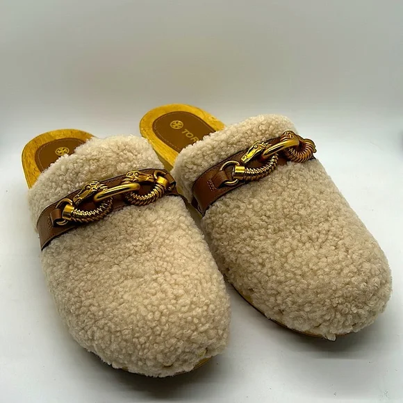 Tory Burch Authentic Rare Wooden Sheep Fur Fuzzy Sandals Clog Shoes **Size 8** - Picture 2 of 9